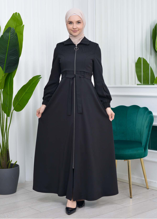 Hooded-Belted Hijab Topcoat  with front zipper 1206 Siyah
