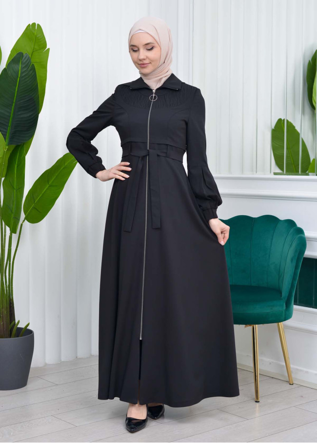 Hooded-Belted Hijab Topcoat  with front zipper 1206 Siyah
