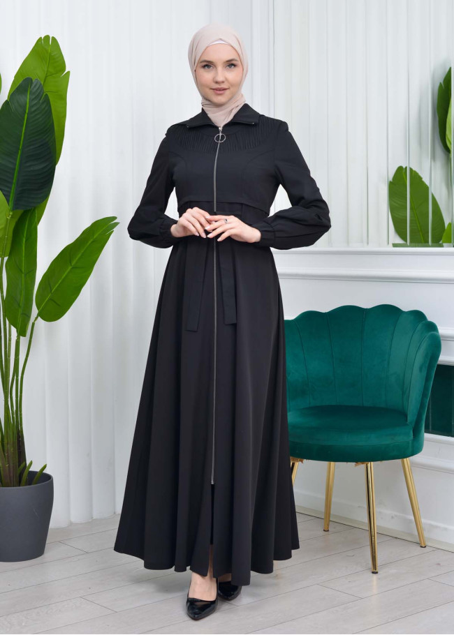 Hooded-Belted Hijab Topcoat  with front zipper 1206 Siyah