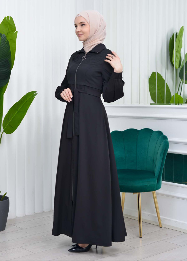 Hooded-Belted Hijab Topcoat  with front zipper 1206 Siyah