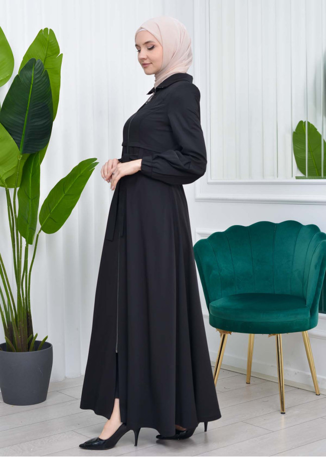 Hooded-Belted Hijab Topcoat  with front zipper 1206 Siyah