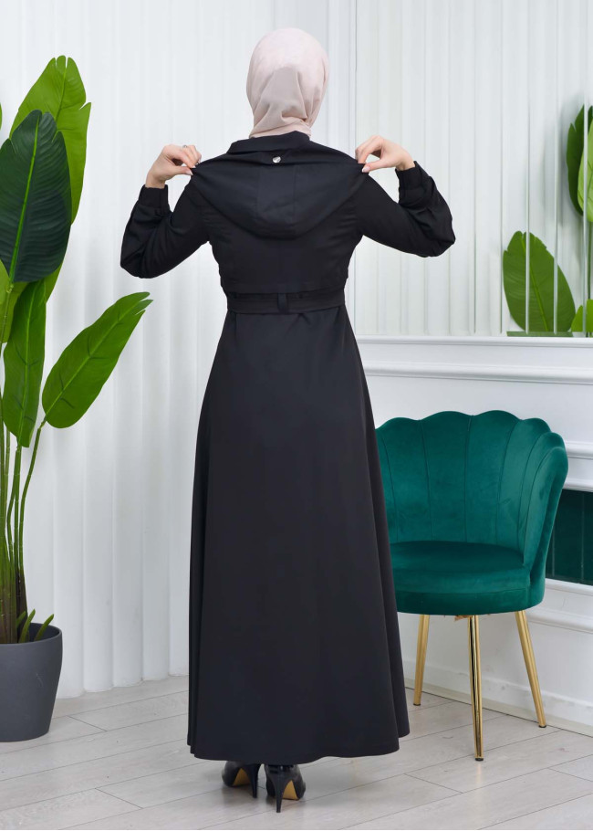 Hooded-Belted Hijab Topcoat  with front zipper 1206 Siyah