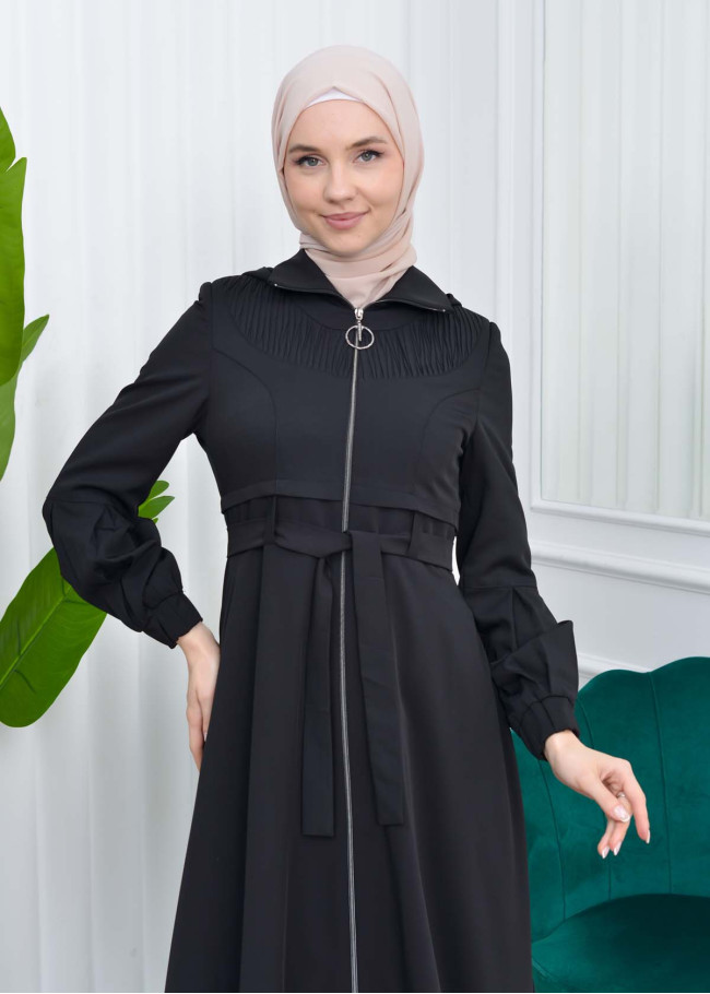 Hooded-Belted Hijab Topcoat  with front zipper 1206 Siyah