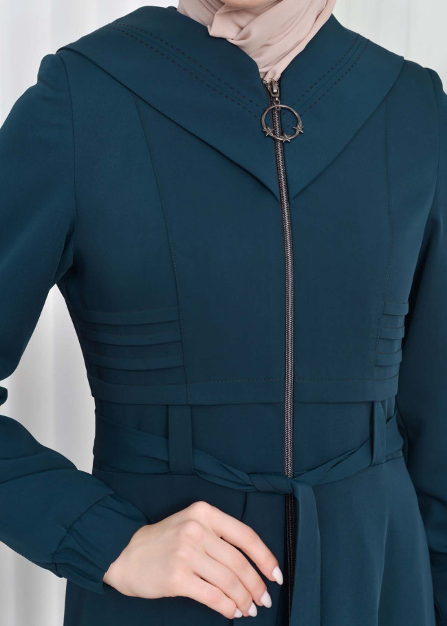 Hooded-Belted Hijab Topcoat 1204 with front zipper Haki
