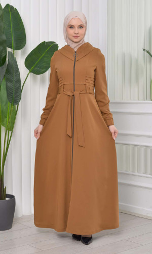 مانطو حجاب برادا ياقة ملكية مع حزام 1204 - ترابي