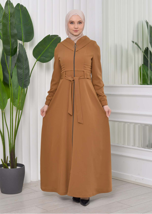 Hooded-Belted Hijab Topcoat 1204 with front zipper taba