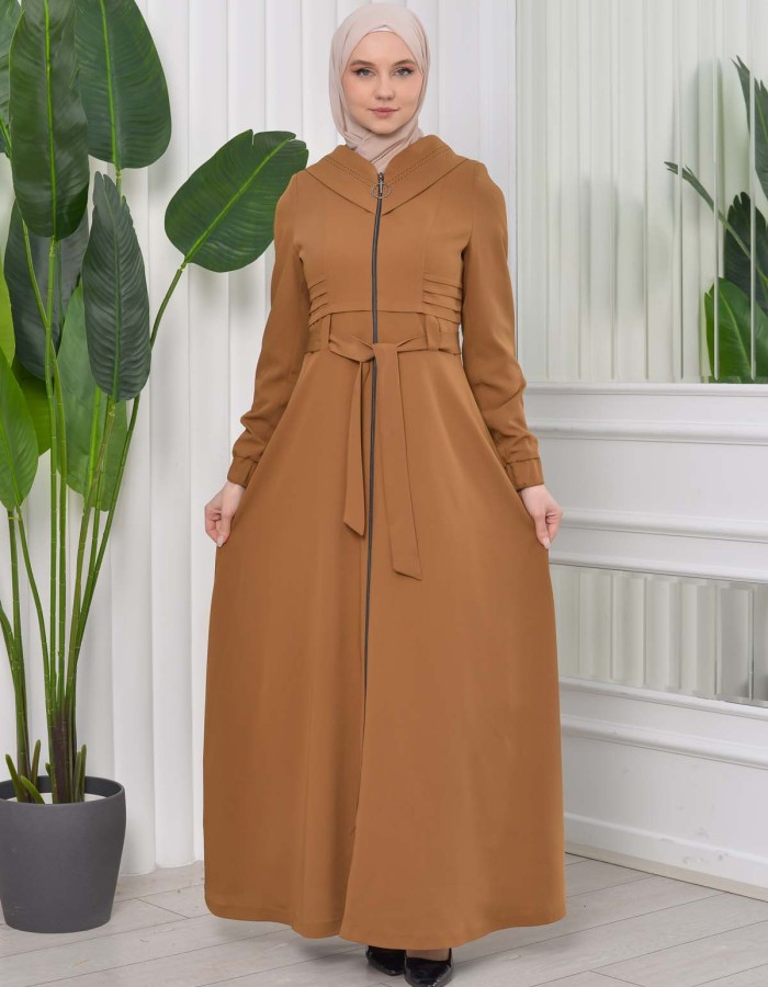 Hooded-Belted Hijab Topcoat 1204 with front zipper - tan
