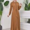 Hooded-Belted Hijab Topcoat 1204 with front zipper - tan