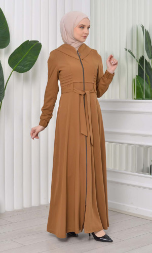 مانطو حجاب برادا ياقة ملكية مع حزام 1204 - ترابي