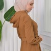 Hooded-Belted Hijab Topcoat 1204 with front zipper - tan