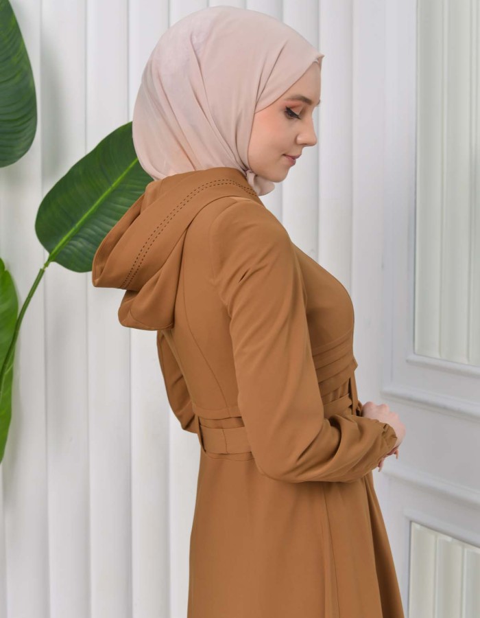 Hooded-Belted Hijab Topcoat 1204 with front zipper - tan