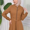 Hooded-Belted Hijab Topcoat 1204 with front zipper - tan