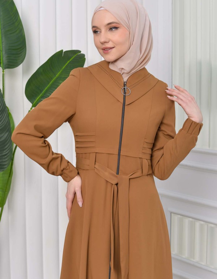 Hooded-Belted Hijab Topcoat 1204 with front zipper - tan