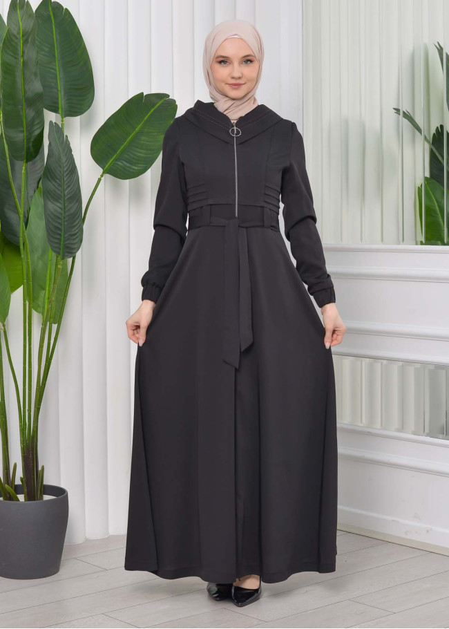 Hooded-Belted Hijab Topcoat 1204 with front zipper Siyah