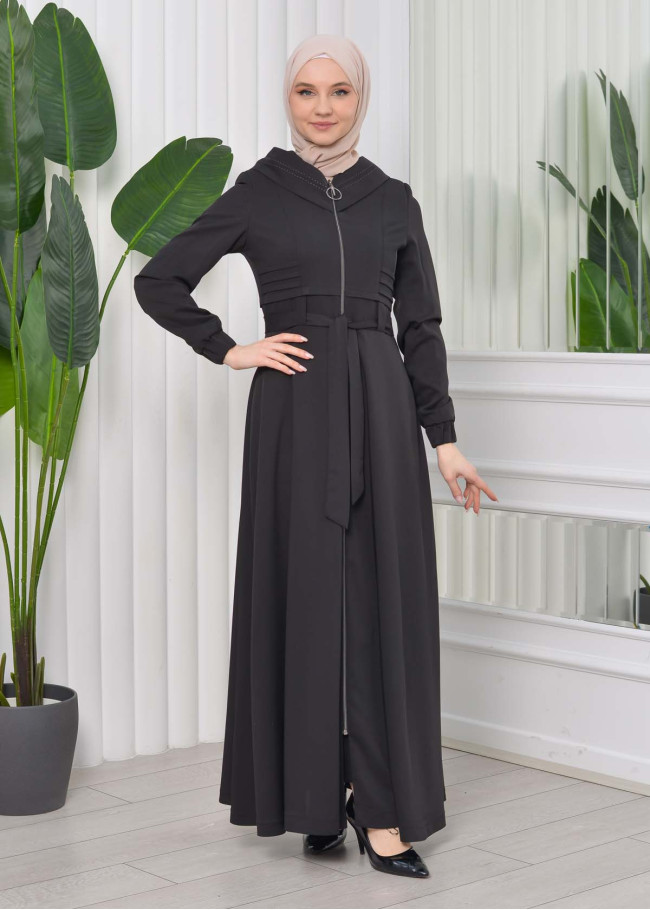 Hooded-Belted Hijab Topcoat 1204 with front zipper Siyah