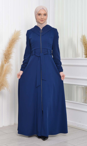 مانطو حجاب برادا ياقة ملكية مع حزام 1204 - ازرق
