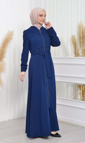 مانطو حجاب برادا ياقة ملكية مع حزام 1204 - ازرق