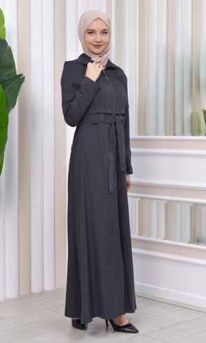 مانطو حجاب ياقة ملكية مع حزام 1212 - حديدي