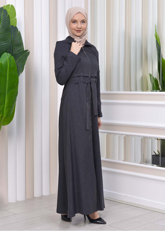 Hooded-Belted Hijab Topcoat 1212 with front zipper Koyu Antrasit