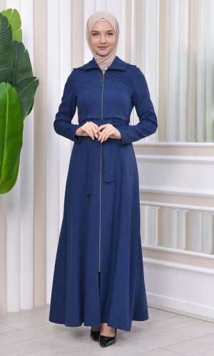 Hooded-Belted Hijab Topcoat 1212 with front zipper - deep blue