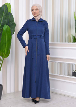 مانطو حجاب ياقة ملكية مع حزام 1212 - كحلي