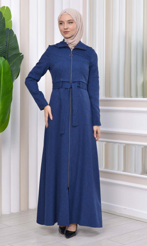 Hooded-Belted Hijab Topcoat 1212 with front zipper - deep blue