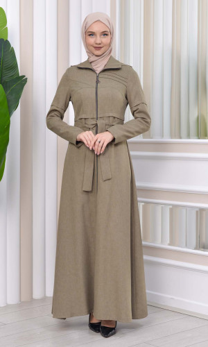 مانطو حجاب ياقة ملكية مع حزام 1212 - فيروزي