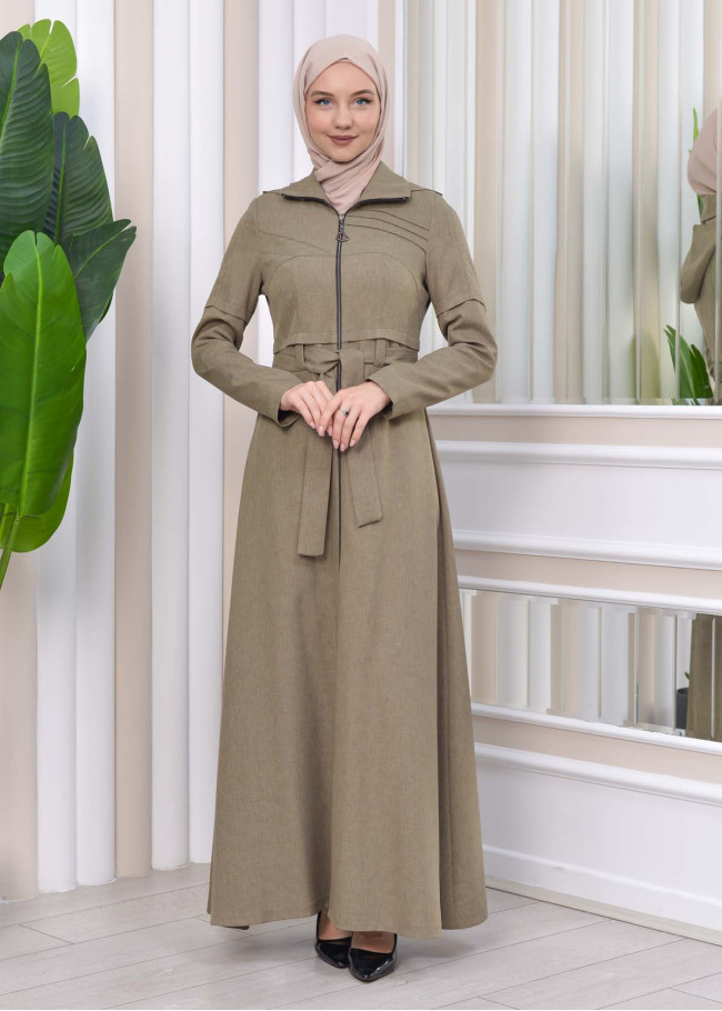 Hooded-Belted Hijab Topcoat 1212 with front zipper Yeşil mint