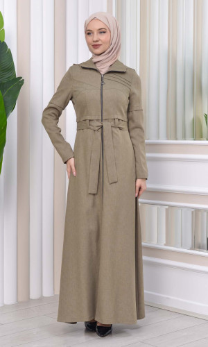 مانطو حجاب ياقة ملكية مع حزام 1212 - فيروزي