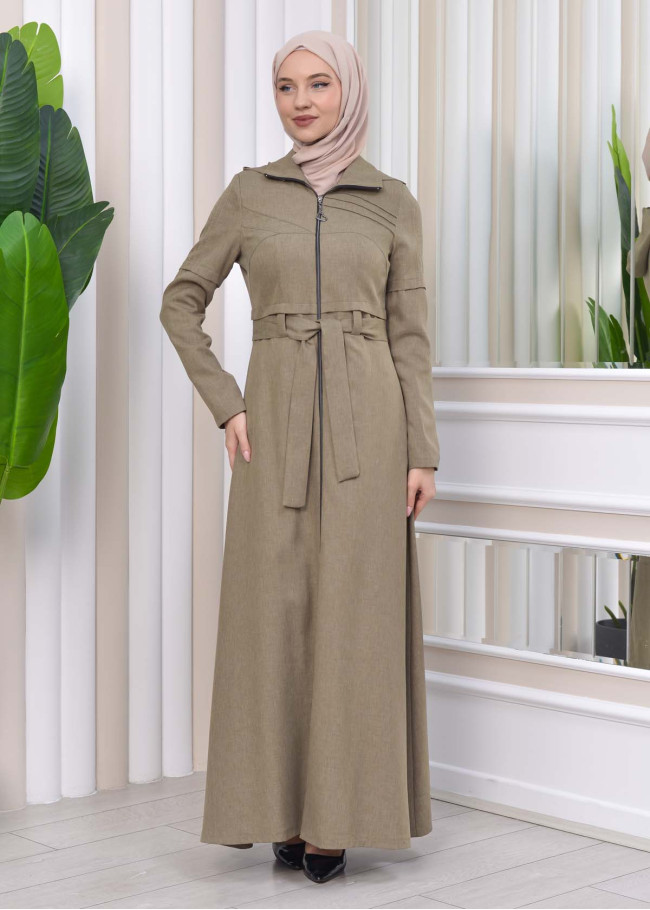 Hooded-Belted Hijab Topcoat 1212 with front zipper Yeşil mint