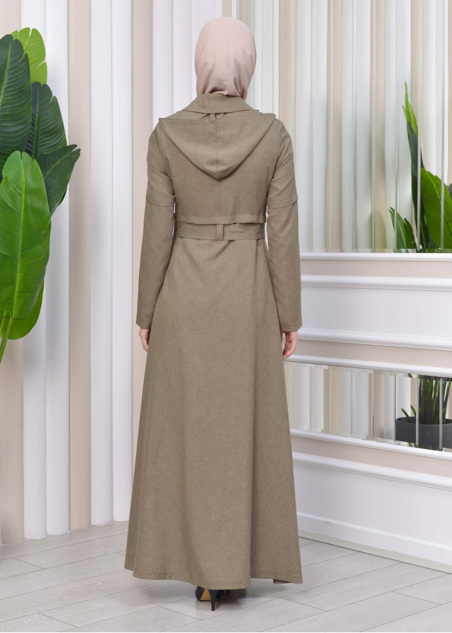 Hooded-Belted Hijab Topcoat 1212 with front zipper Yeşil mint