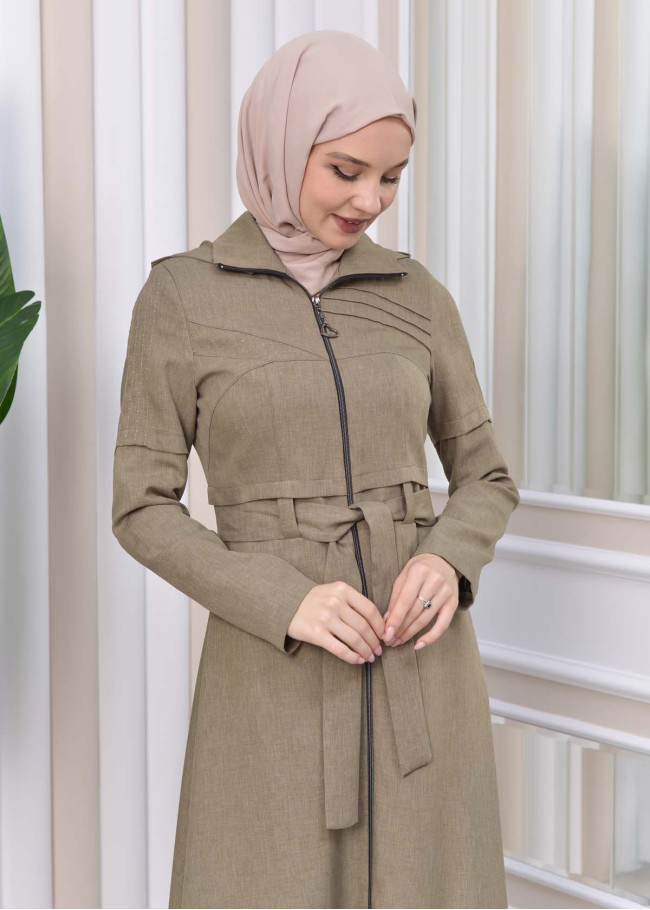 Hooded-Belted Hijab Topcoat 1212 with front zipper Yeşil mint