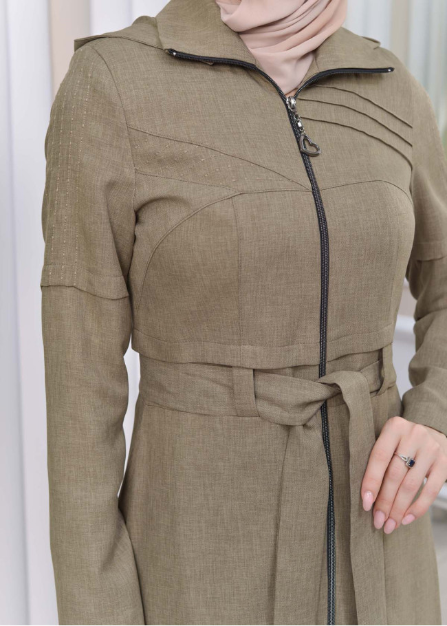 Hooded-Belted Hijab Topcoat 1212 with front zipper Yeşil mint