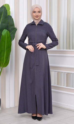 Hooded-Belted Hijab Topcoat 1212 with front zipper - Anthrazit