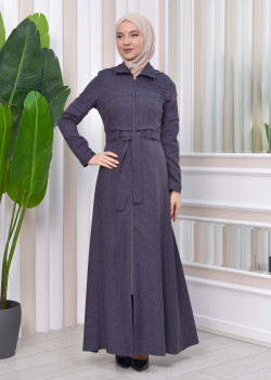 مانطو حجاب ياقة ملكية مع حزام 1212 - رمادي