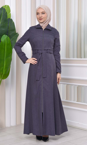 Hooded-Belted Hijab Topcoat 1212 with front zipper - Anthrazit