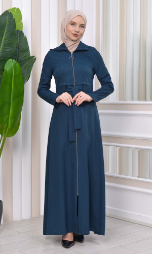 مانطو حجاب ياقة ملكية مع حزام 1212 - بترولي