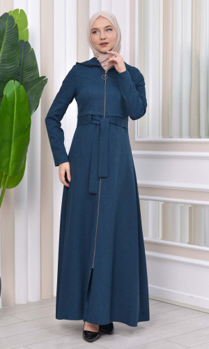 مانطو حجاب ياقة ملكية مع حزام 1212 - بترولي