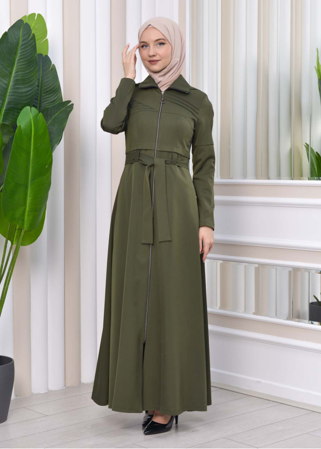 Hooded-Belted Hijab Topcoat 1212 with front zipper Haki