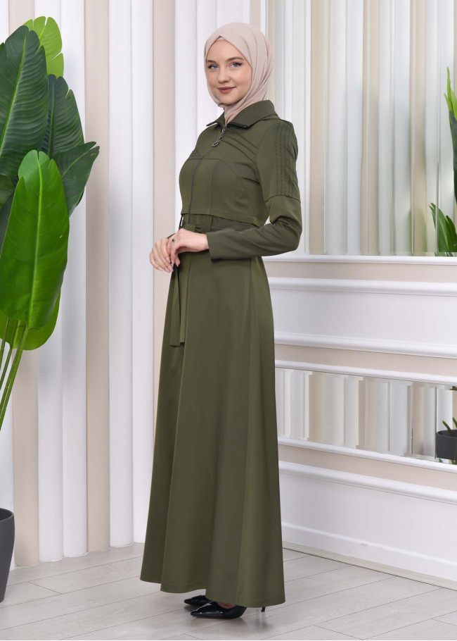Hooded-Belted Hijab Topcoat 1212 with front zipper Haki