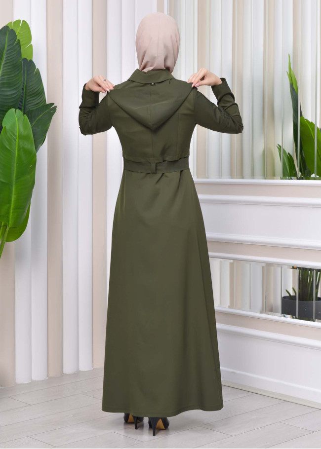 Hooded-Belted Hijab Topcoat 1212 with front zipper Haki