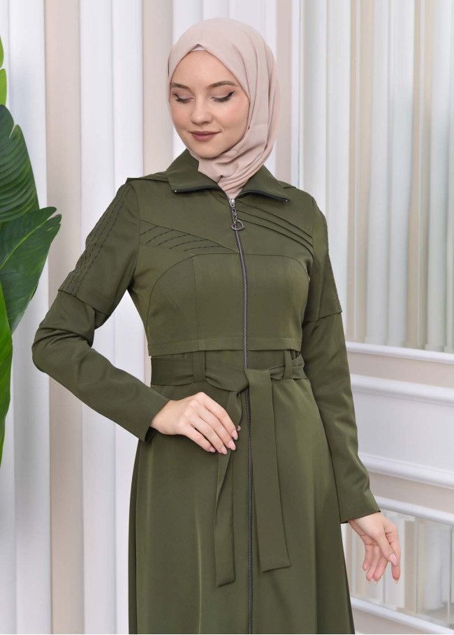 Hooded-Belted Hijab Topcoat 1212 with front zipper Haki