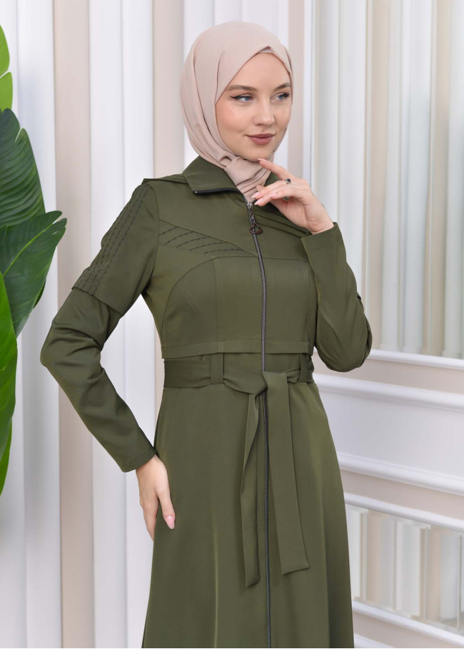 Hooded-Belted Hijab Topcoat 1212 with front zipper Haki