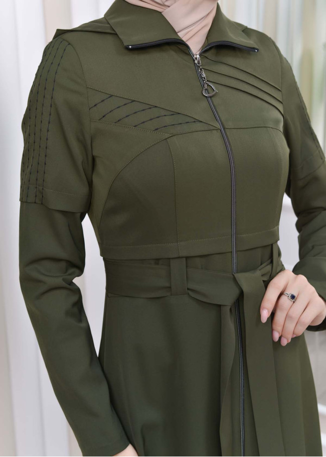 Hooded-Belted Hijab Topcoat 1212 with front zipper Haki