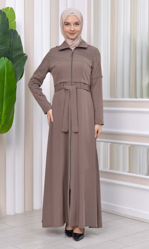 Hooded-Belted Hijab Topcoat 1212 with front zipper - beige