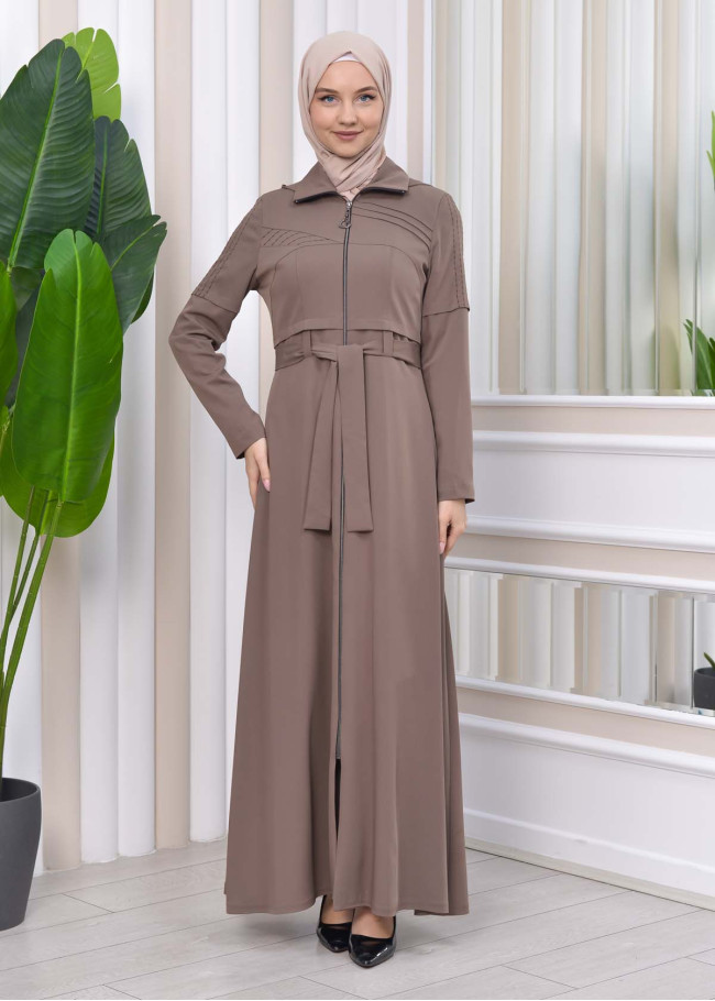 Hooded-Belted Hijab Topcoat 1212 with front zipper Bej