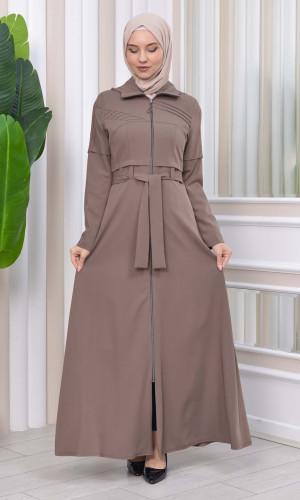 Hooded-Belted Hijab Topcoat 1212 with front zipper - beige