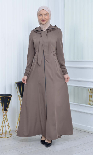 Hooded-Belted Hijab Topcoat 1213 with front zipper - beige