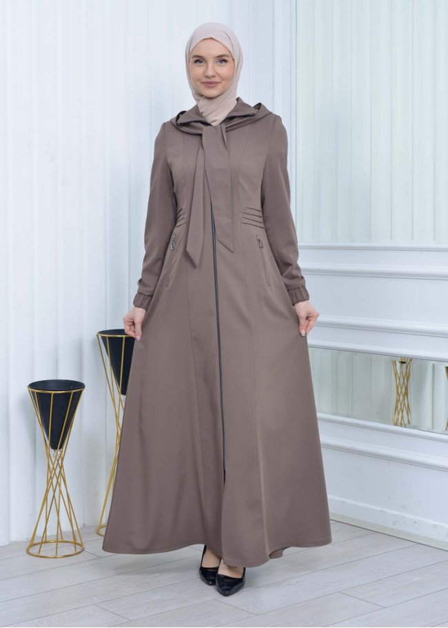 Hooded-Belted Hijab Topcoat 1213 with front zipper Bej