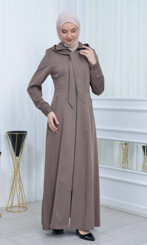 Hooded-Belted Hijab Topcoat 1213 with front zipper - beige